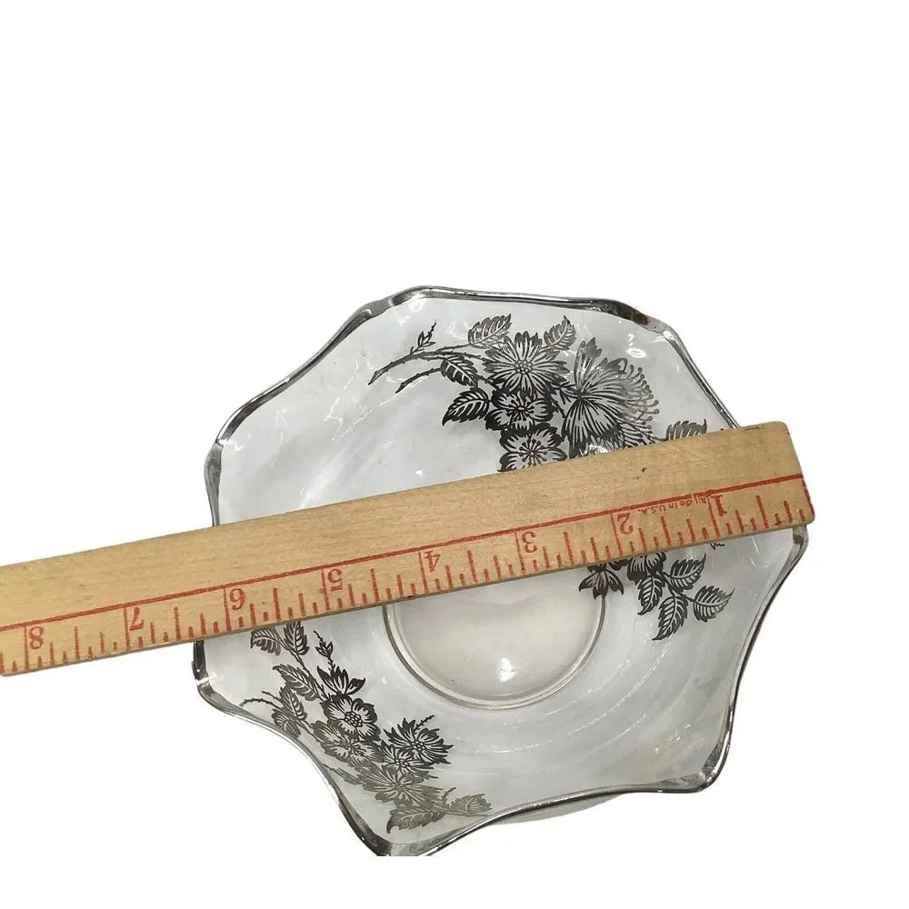 Vintage Silver Overlay Clear Glass Bowl Flowers Scalloped Edge Footed Candy Dish